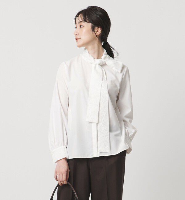トゥモローランド ボールジィ コットンシルク ピンタックボウタイブラウス 白 Ballsey（ボールジィ） ブラウス シャツ コットンシルクサテン