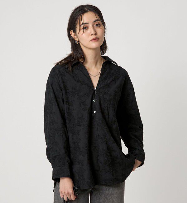 【グリーンレーベルリラクシング/green label relaxing】 ジャガード スキッパー ブラウス