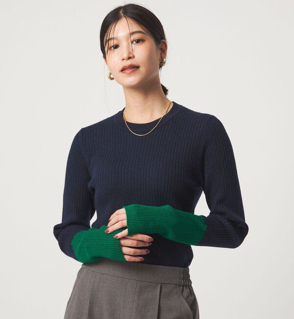 【グリーンレーベルリラクシング/green label relaxing】 【WEB限定】＜at ease＞バイカラー クルーネック プルオーバー ニット