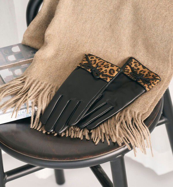 【ビューティーアンドユース　ユナイテッドアローズ/BEAUTY&YOUTH UNITED ARROWS】 レザー×レオパードスエード コンビ リボン グローブ