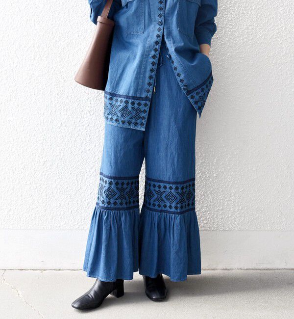 【シップス/SHIPS】 《予約》bon_meur:〈洗濯機可能〉エンブロイダリー ギャザー フレア デニム イージー パンツ