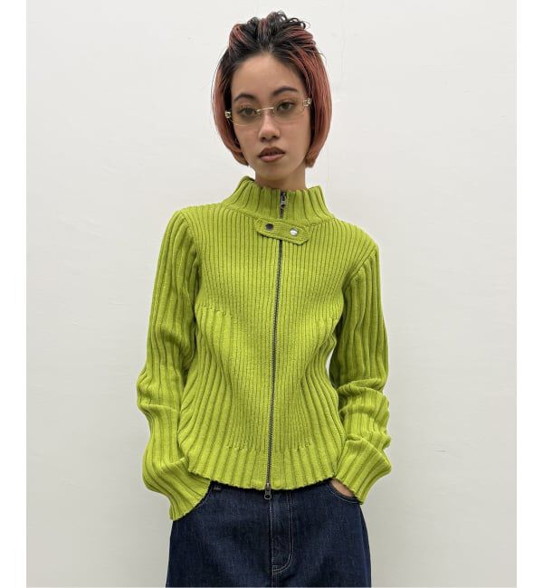 フロントジップリブニットトップス