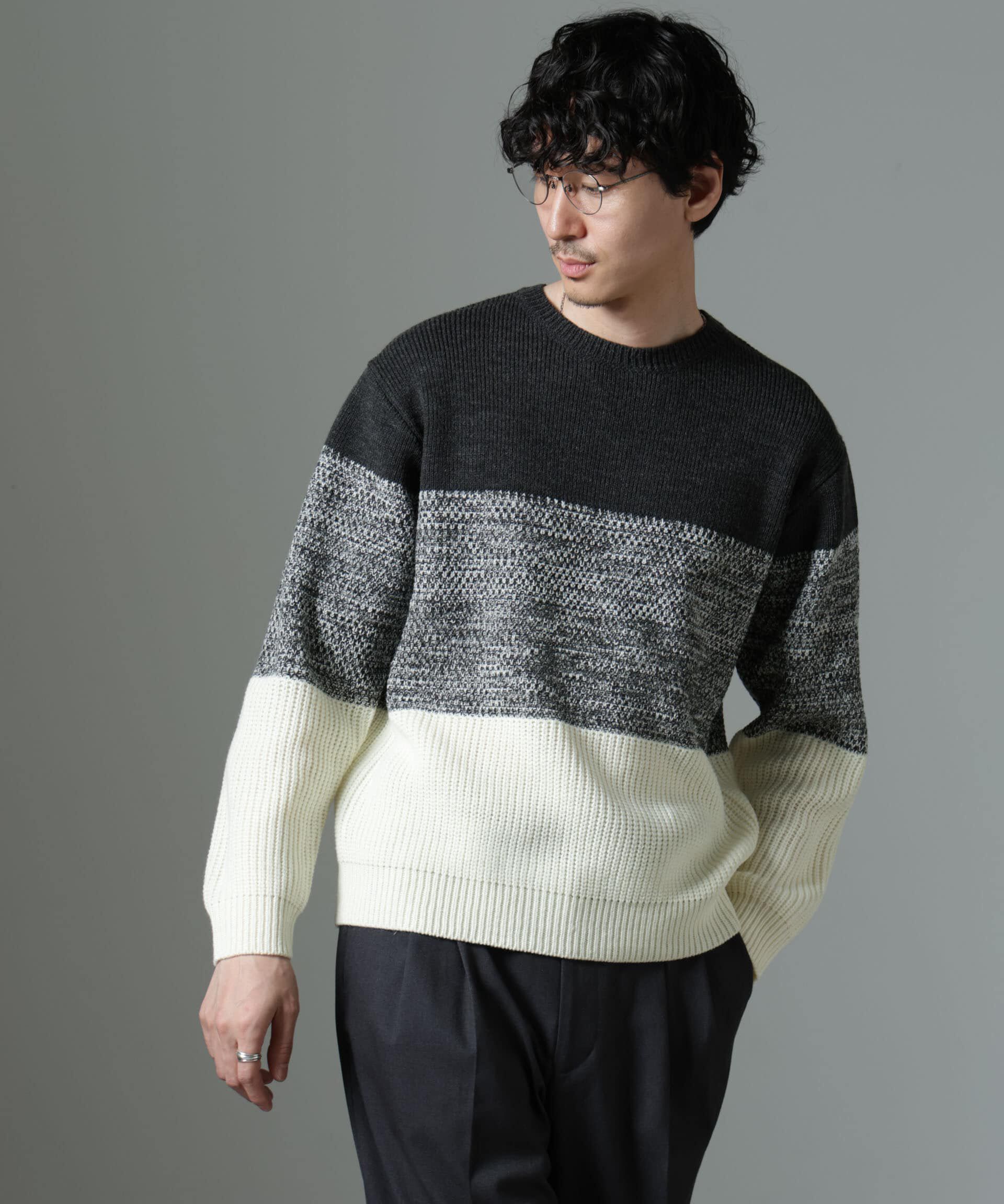 【ナノ・ユニバース/NANO universe】 ウールミックスパネルボーダーニット