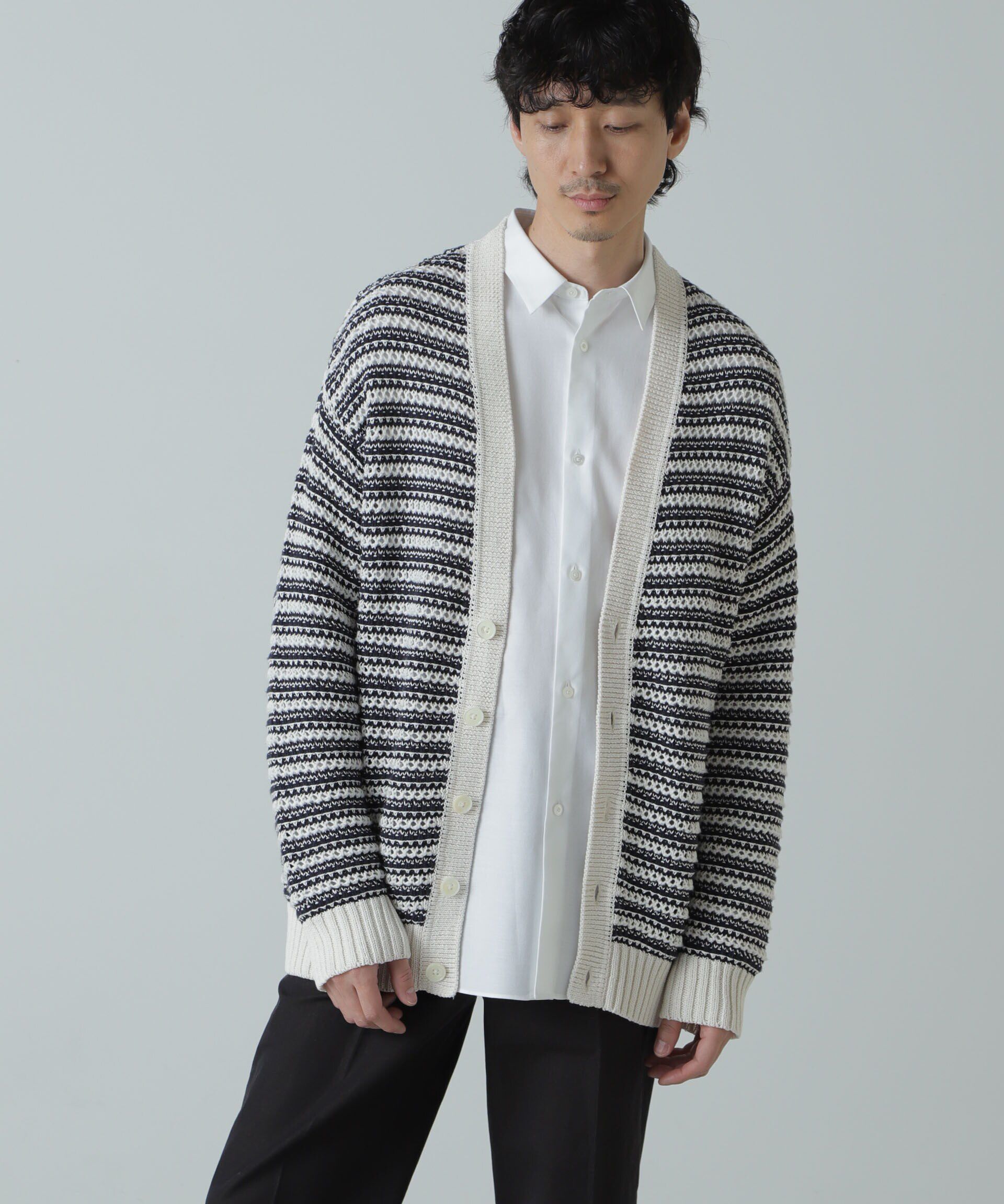 【ナノ・ユニバース/NANO universe】 AB.ギマミックス引き上げ編みボーダーカーディガン