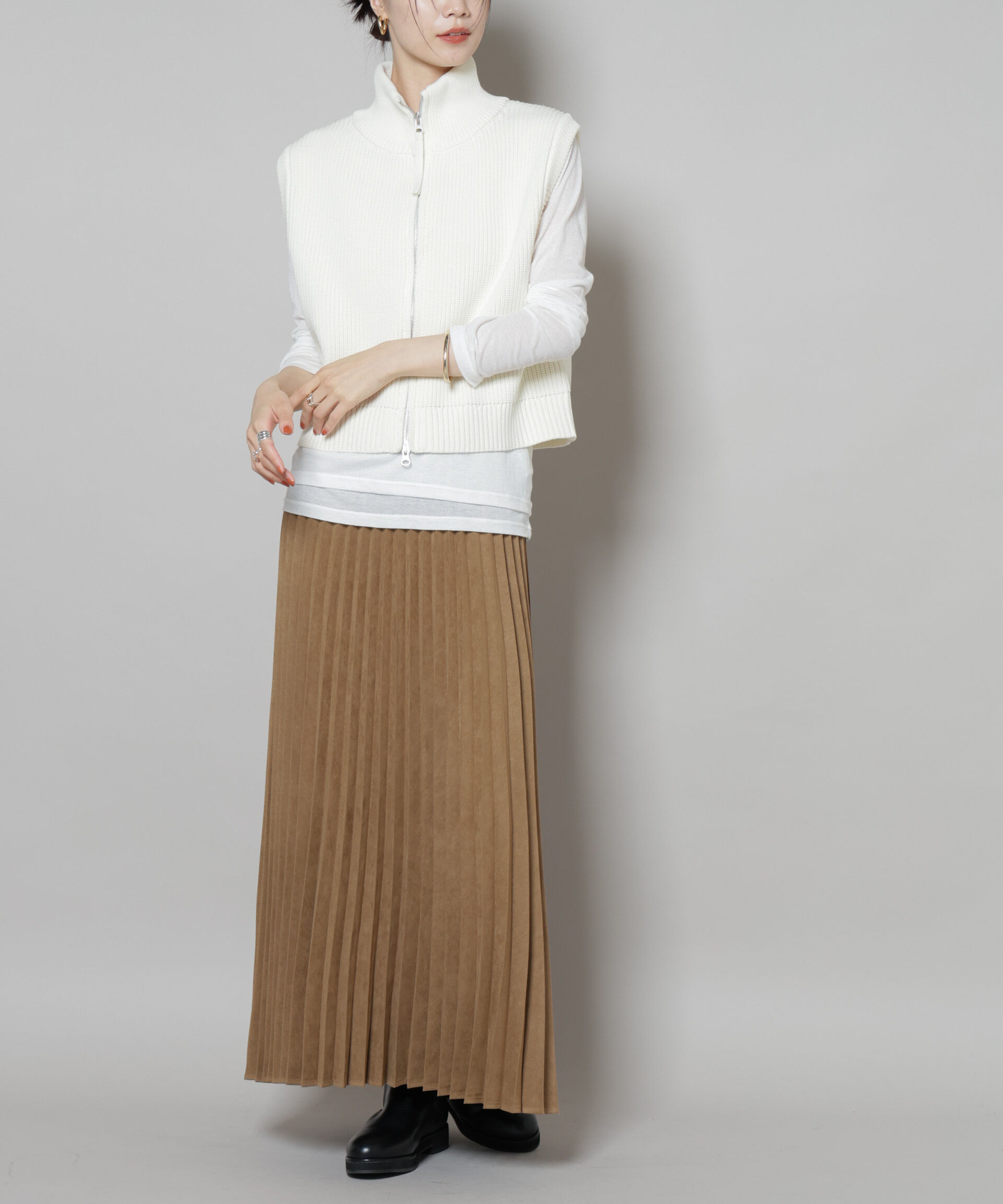 【ナノ・ユニバース/NANO universe】 フェイクスエードプリーツスカート(セットアップ可)