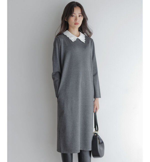 【クミキョク/組曲】 レースライク襟付きニットワンピース