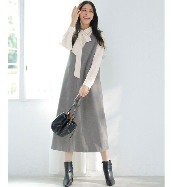 ストレッチサージチェックVネックワンピース(セットアップ可)（nano