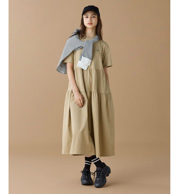 【ラコステ/LACOSTE】 ティアード切り替え コットンドレス マキシ丈 ワンピース