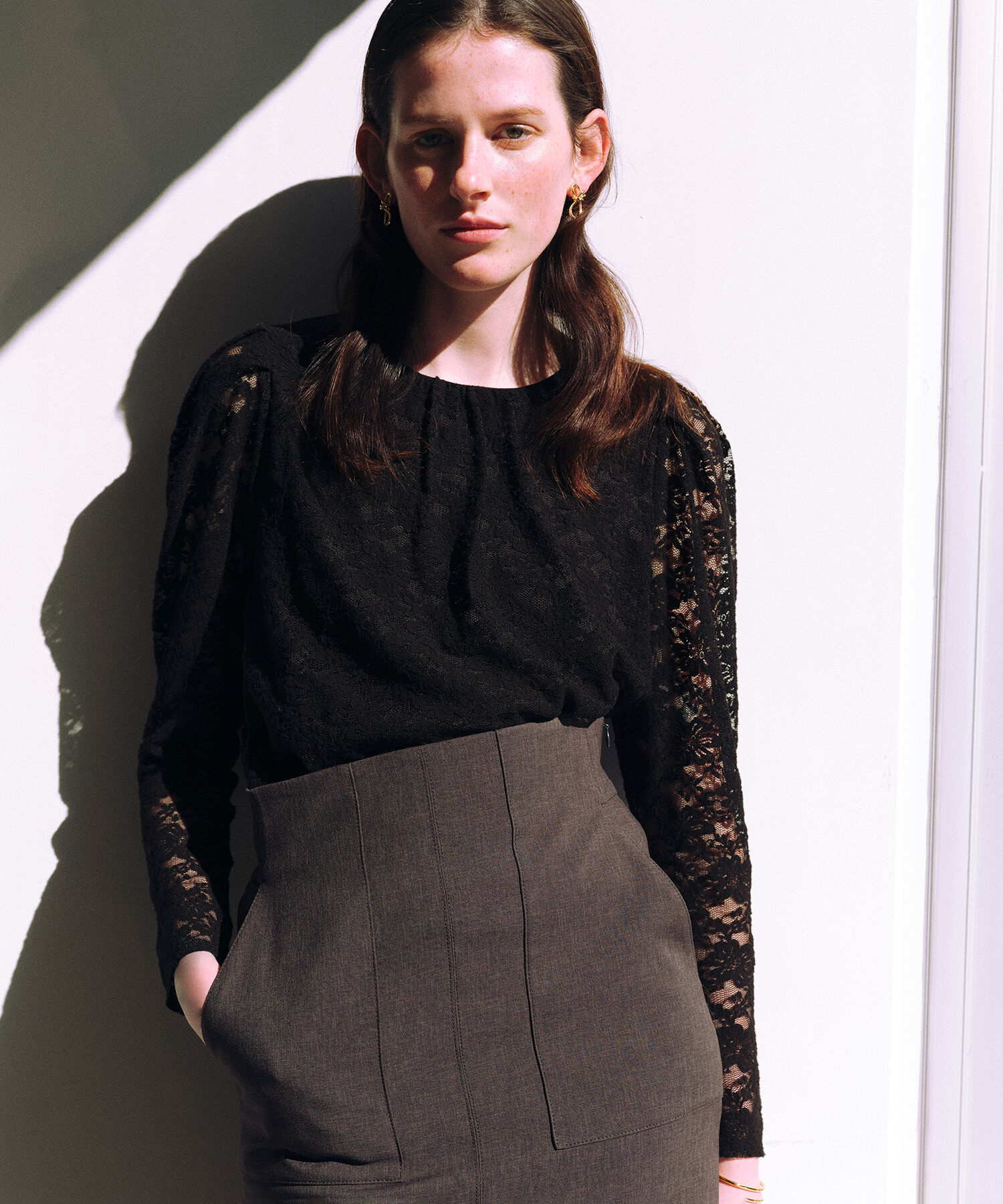 ファッションメンズお薦め|【ロペ/ROPE’】 ストレッチタックギャザーレースブラウス