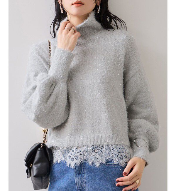 【ビス/VIS】 ラメフェザー裾レースハイネックニット