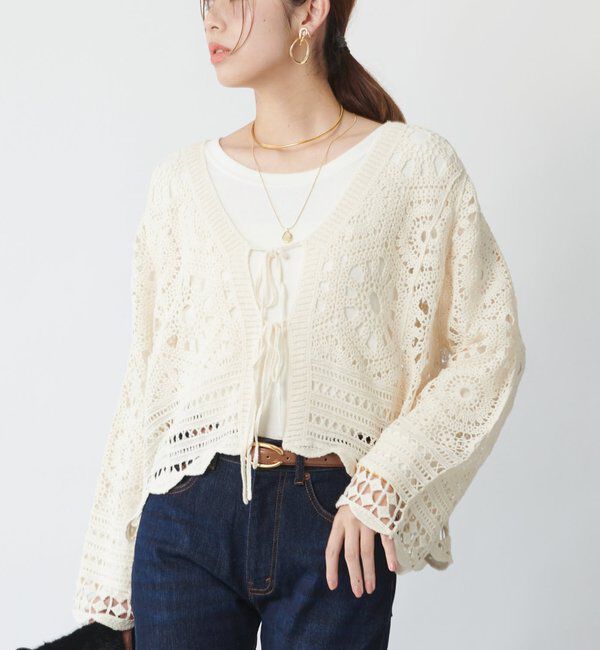 【アンディコール/un dix cors】 《大人フェミニンな透け感カーデ》クロシェ長袖カーデ