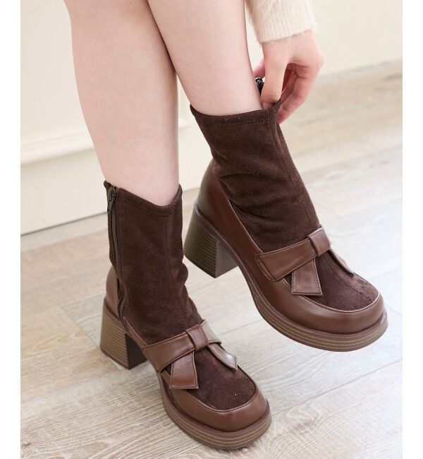 【マジェスティックレゴン/MAJESTIC LEGON】 リボンローファーコンビブーツ