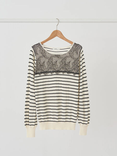 【アースミュージックアンドエコロジー/earth music&ecology】 レースボーダーニットプルオーバー