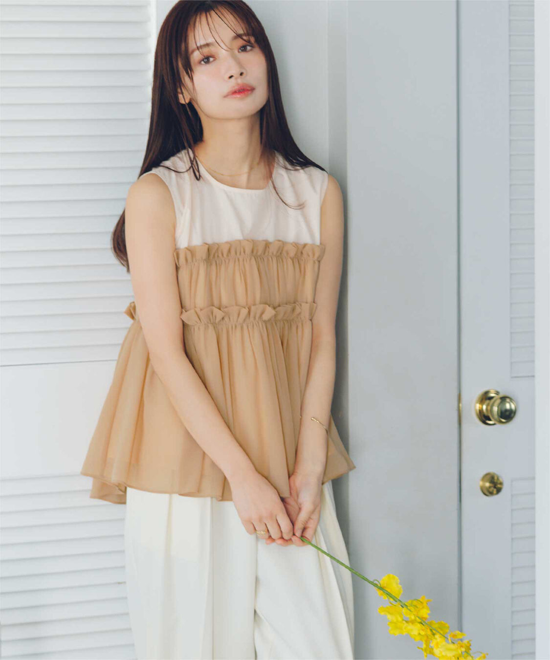 モテ系メンズファッション|【ティティベイト/titivate】 【赤埴奈津子さんS/Sコラボアイテム】シフォンフリルドッキングトップス