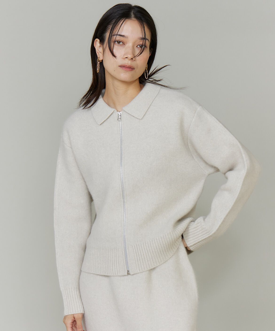 【スーペリアクローゼット/SUPERIOR CLOSET】 フォックスブレンド襟付きジップカーディガン《YVON》