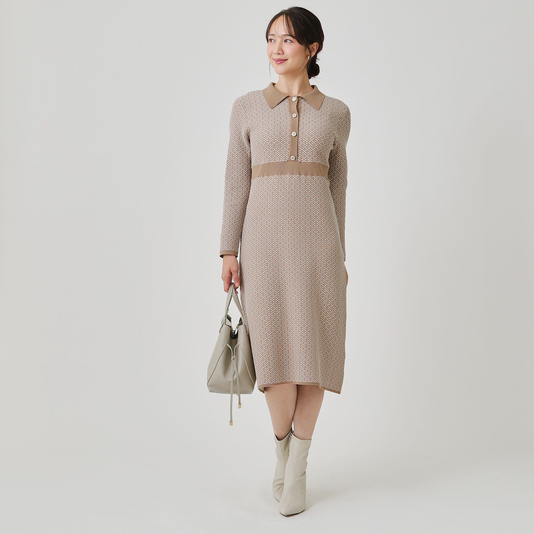 【クード　シャンス/COUP DE CHANCE】 【手洗い可】衿付きニットジャカード編みワンピース