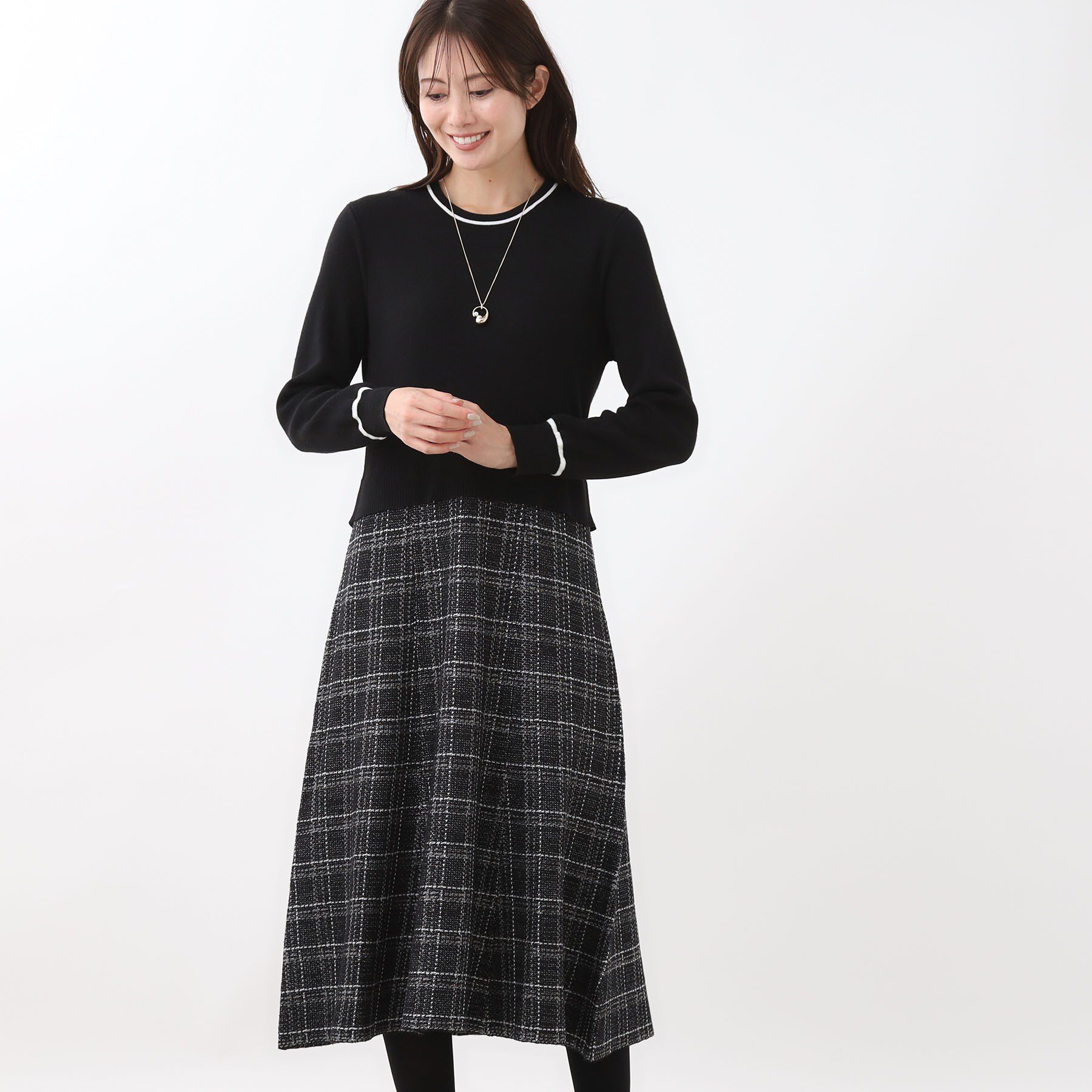 【リフレクト/Reflect】 【秋映え／コートインでもすっきり◎】チェック柄ニットドッキングワンピース