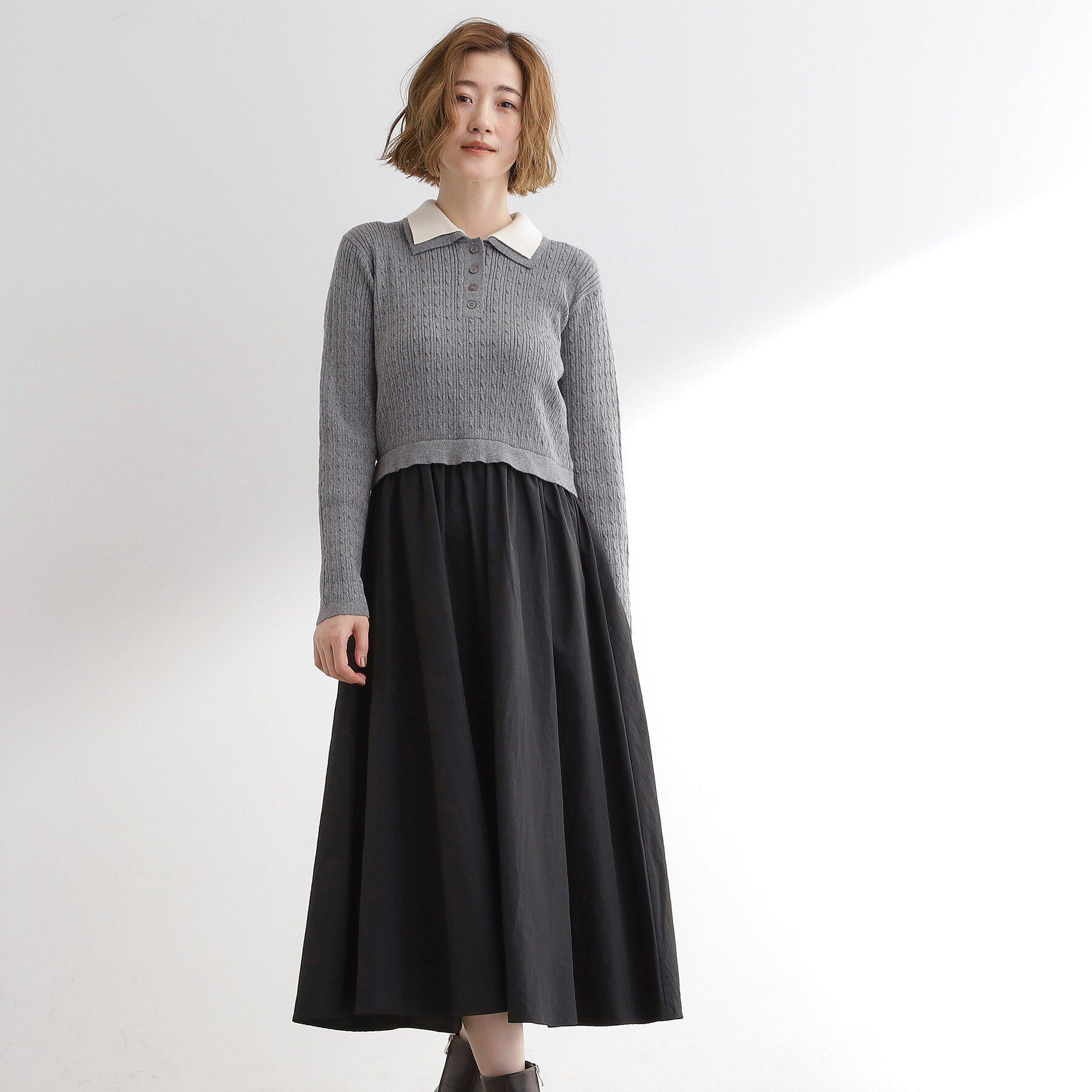 【グローブ/grove】 【時短コーデ】ポロニットドッキングワンピース