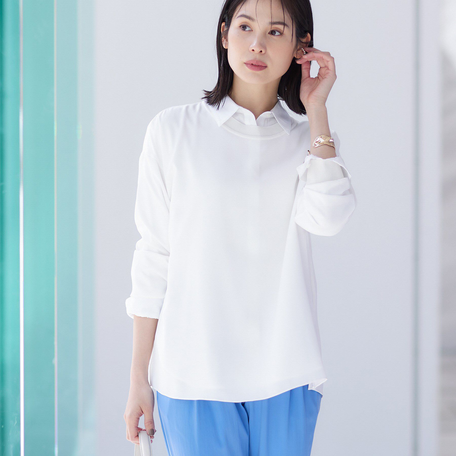 ファッションメンズお薦め|【インディヴィ/INDIVI】 【洗える】異素材ドッキングトップス