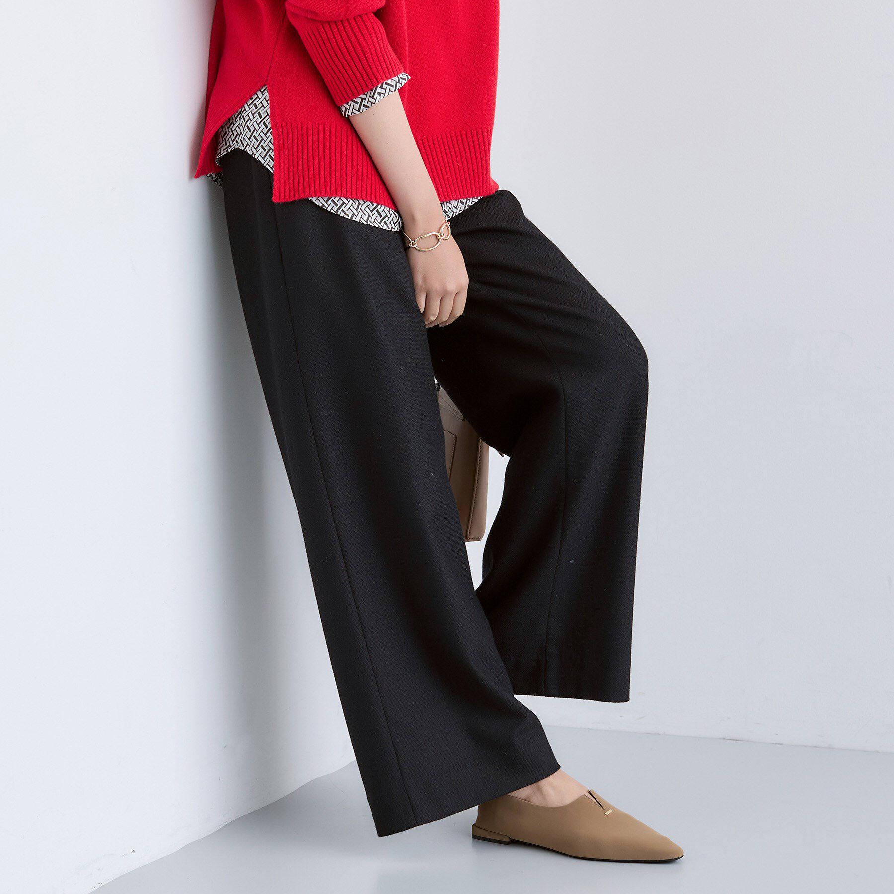 【インディヴィ/INDIVI】 【褒められパンツ／ウール混】ウォームウール ワイドパンツ