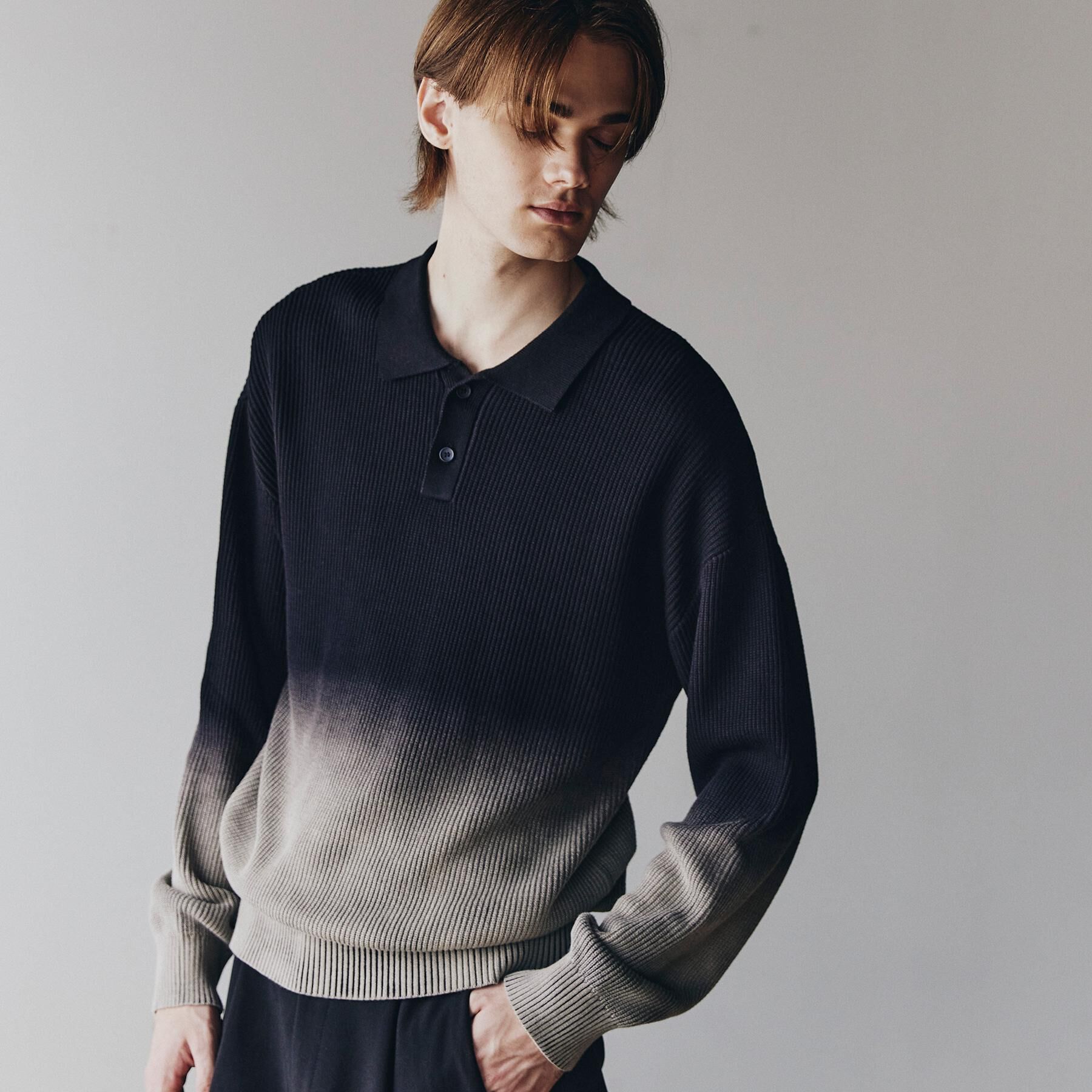 【ティーケー　タケオキクチ/tk.TAKEO KIKUCHI】 畦編みニットポロシャツブリーチ