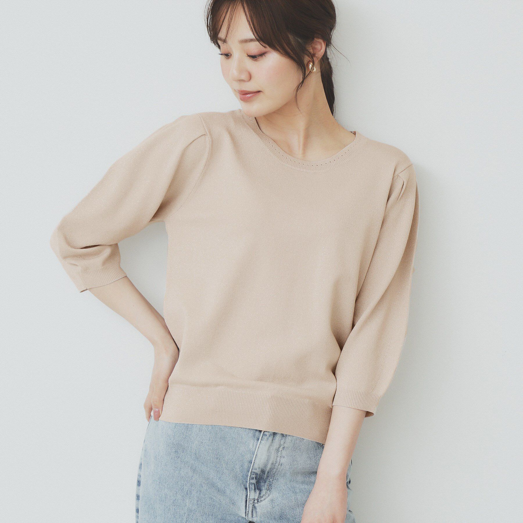 【インデックス/index】 《7色展開/XS-LLサイズ》クルーネックデザインスリーブニット【洗濯機洗い可】