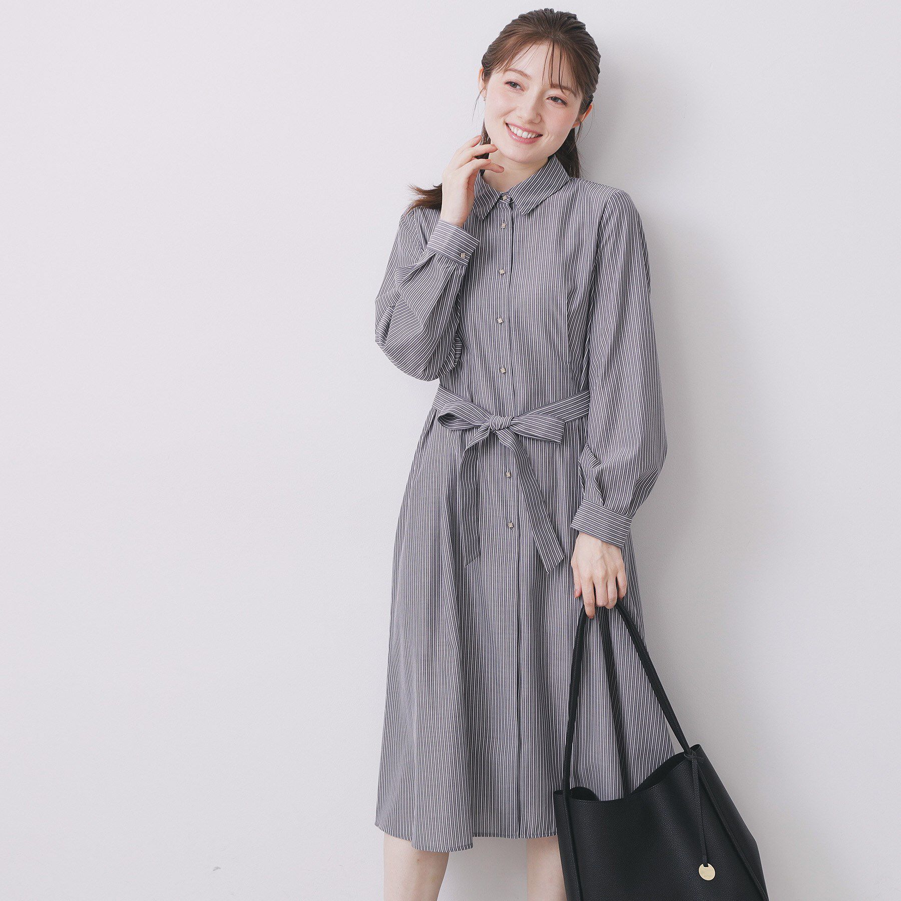 【インデックス/index】 ラメストライプシャツワンピース【洗濯機OK/イージーアイロン】