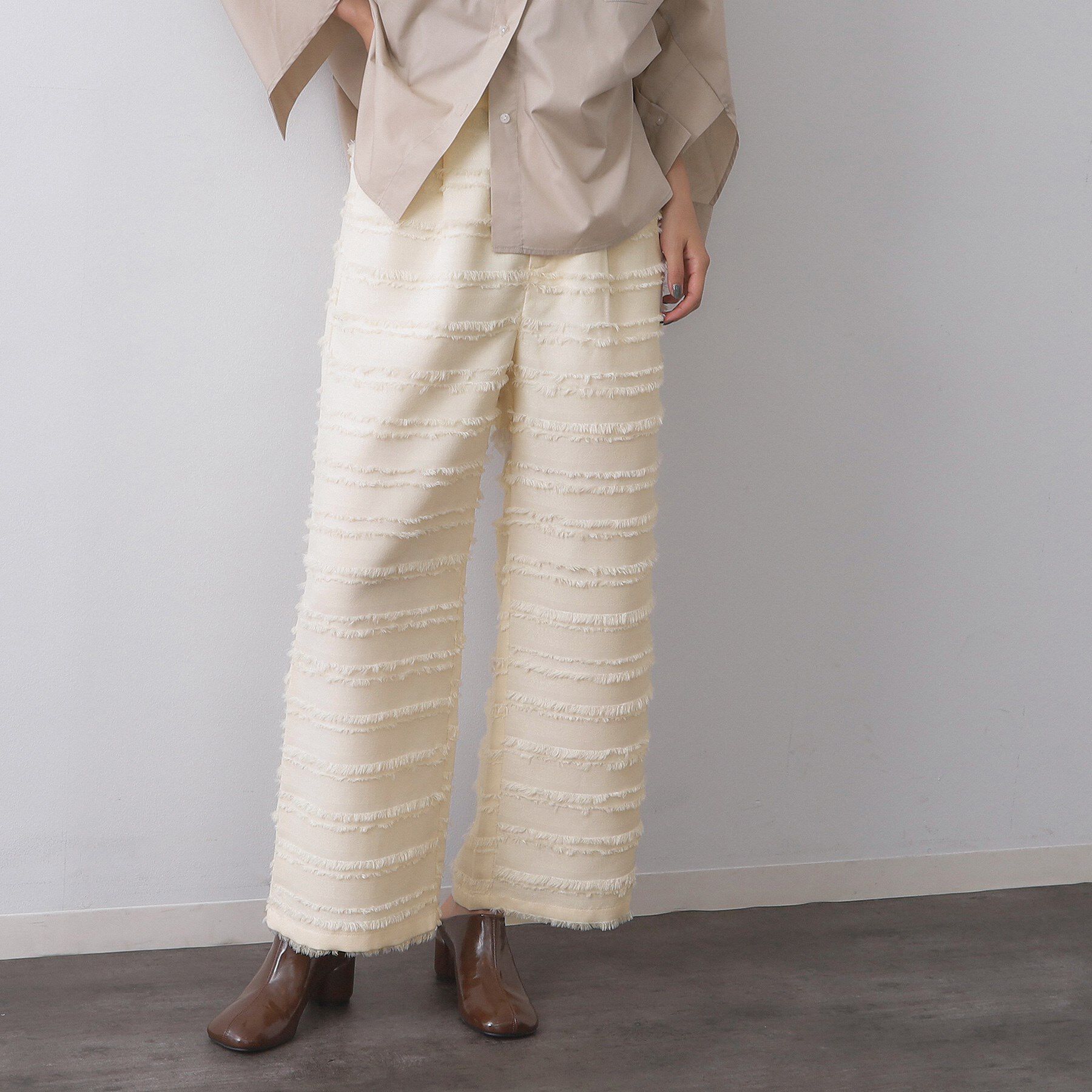 【オペークドットクリップ/OPAQUE.CLIP】 フリンジボーダージャカードワイドパンツ【洗濯機洗い可】