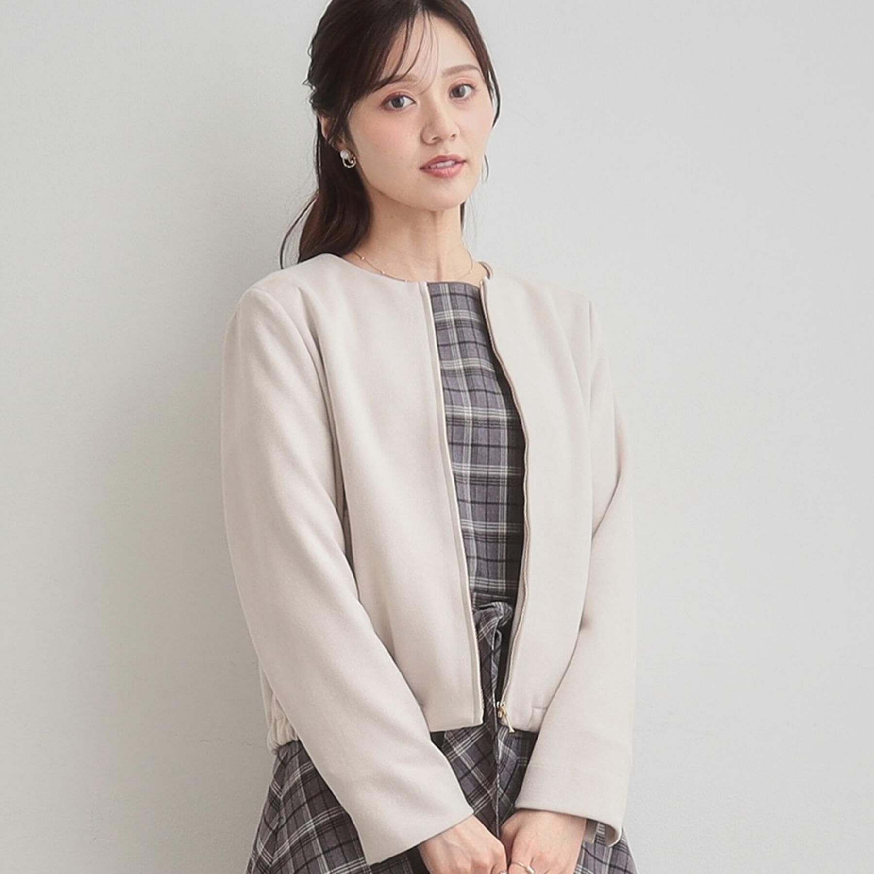 【クチュール　ブローチ/Couture brooch】 【通勤・大人上品】スエード調ダンボール ノーカラージャケット