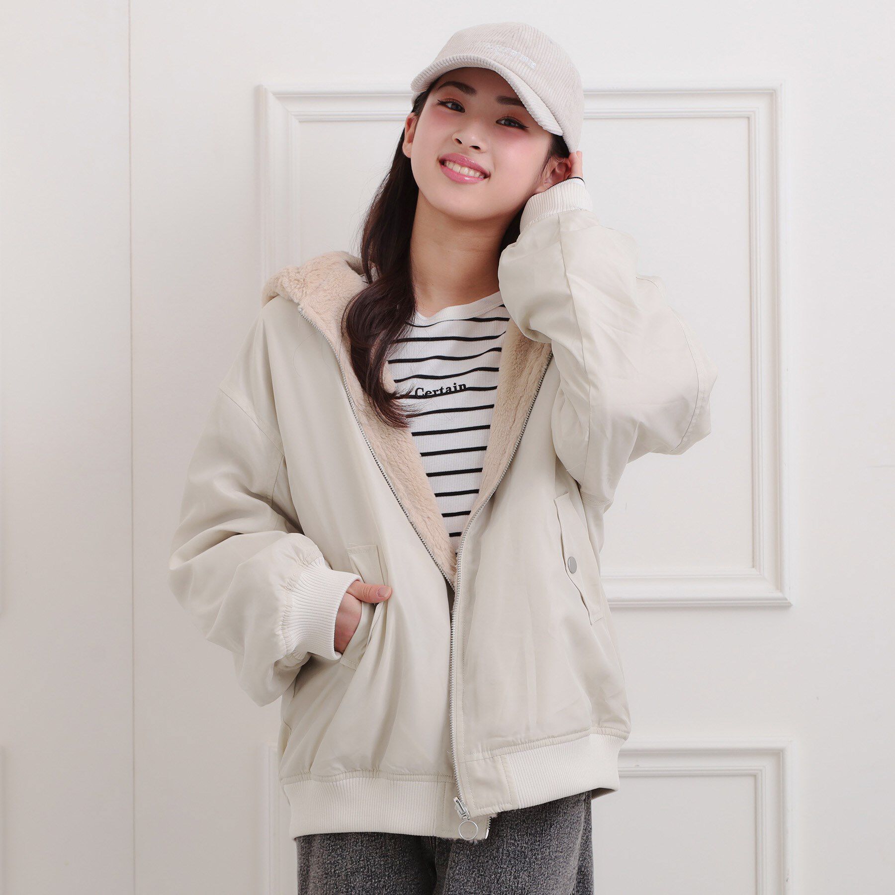 【ピンクラテ/PINK-Latte】 リバーシブルフェイクファーブルゾン