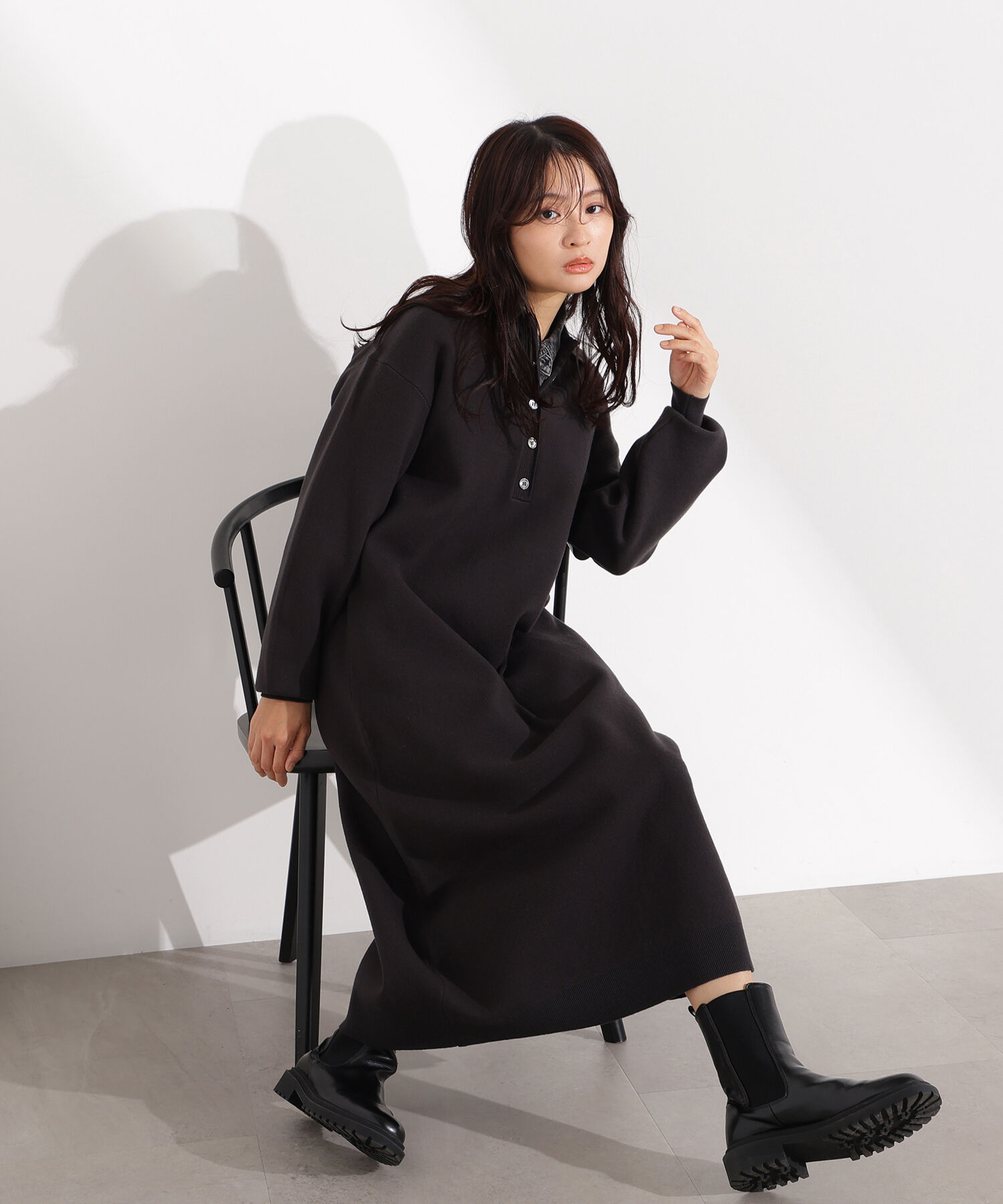 【エヌ　ナチュラルビューティベーシック/N.Natural Beauty Basic】 スキッパーネックニットワンピース