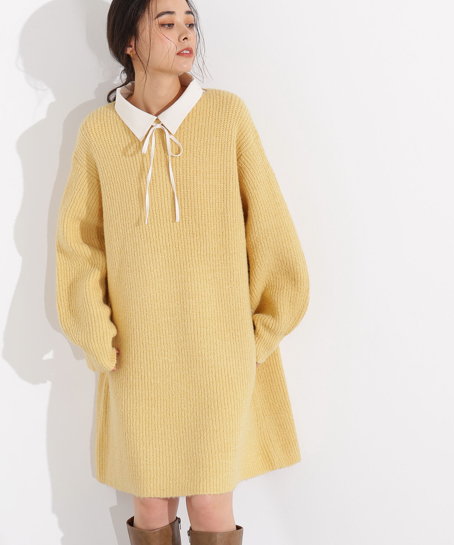 【エヌ　ナチュラルビューティベーシック/N.Natural Beauty Basic】 襟付ミニニットワンピース