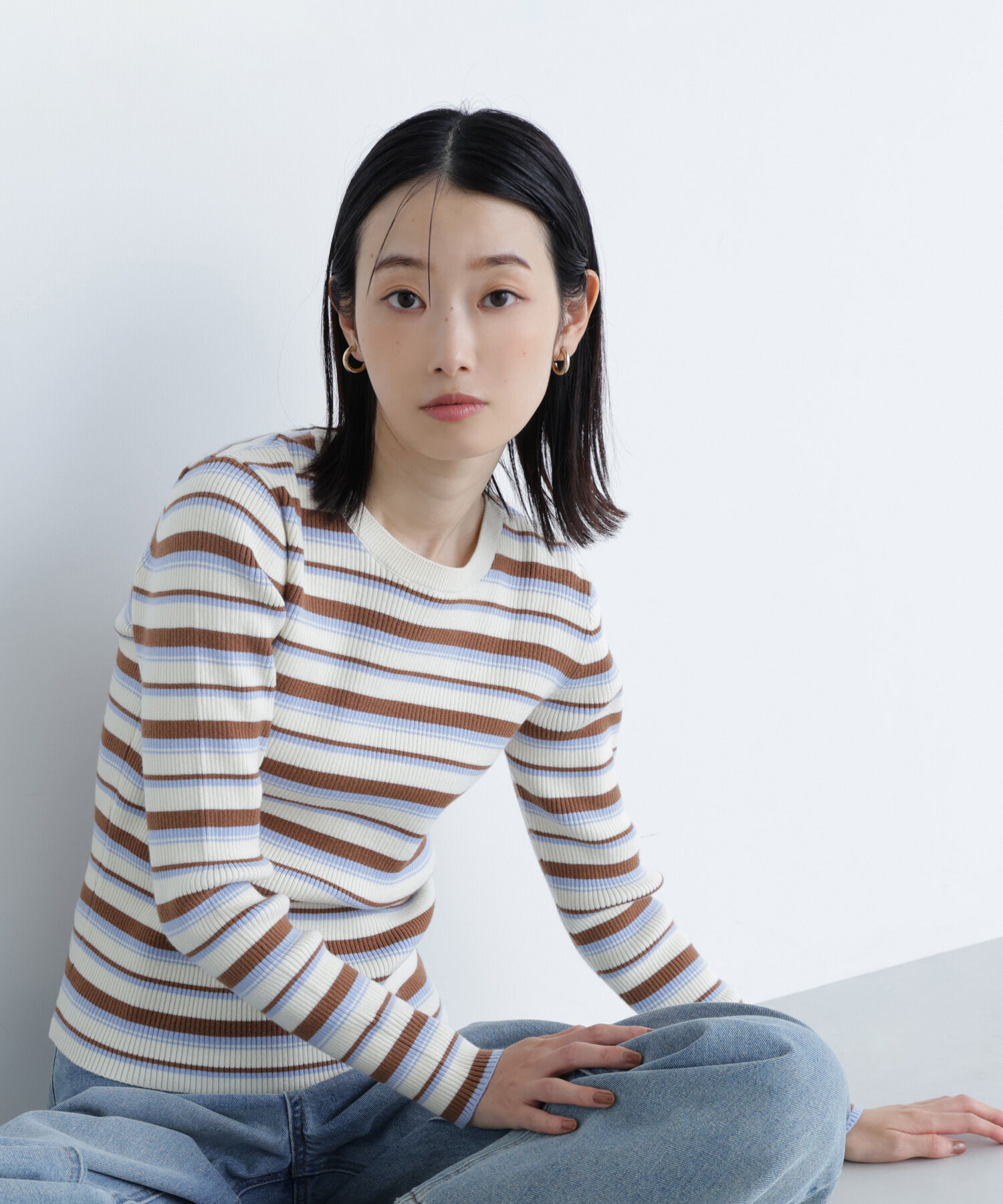 【ナチュラルビューティーベーシック/NATURAL BEAUTY BASIC】 マルチボーダーリブニット