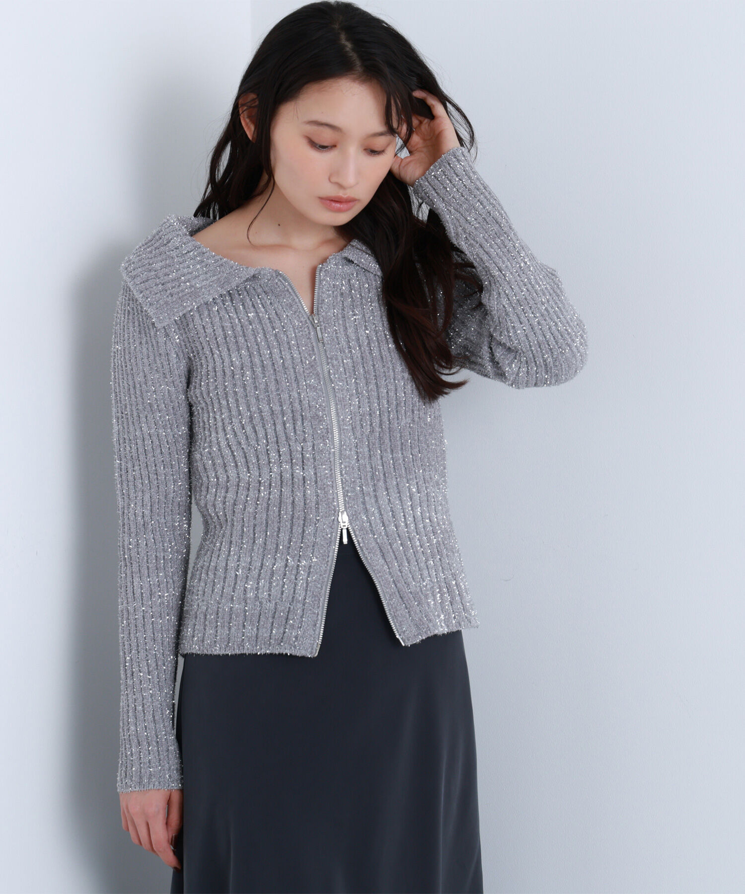 【ナチュラルビューティーベーシック/NATURAL BEAUTY BASIC】 ラメシャギージップニット
