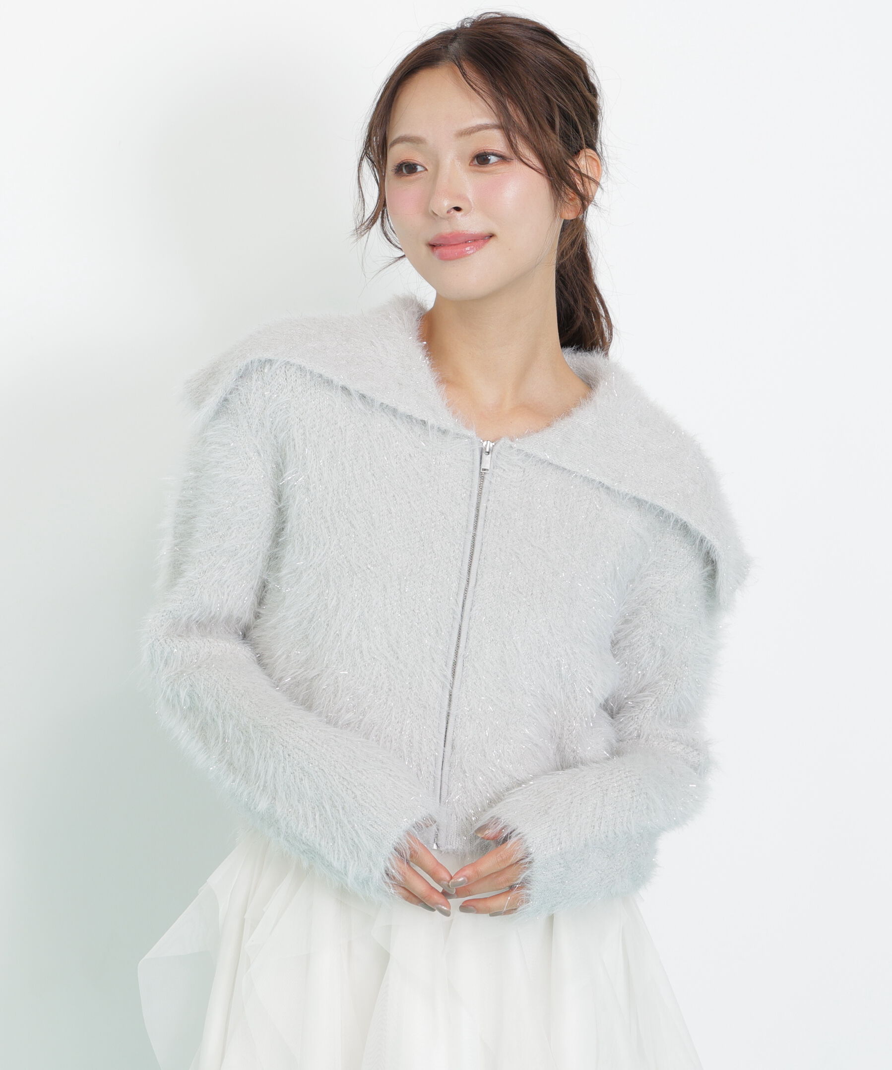 【ジル　バイ　ジル　スチュアート/JILL by JILL STUART】 ラメフェザービッグカラーニットブルゾン