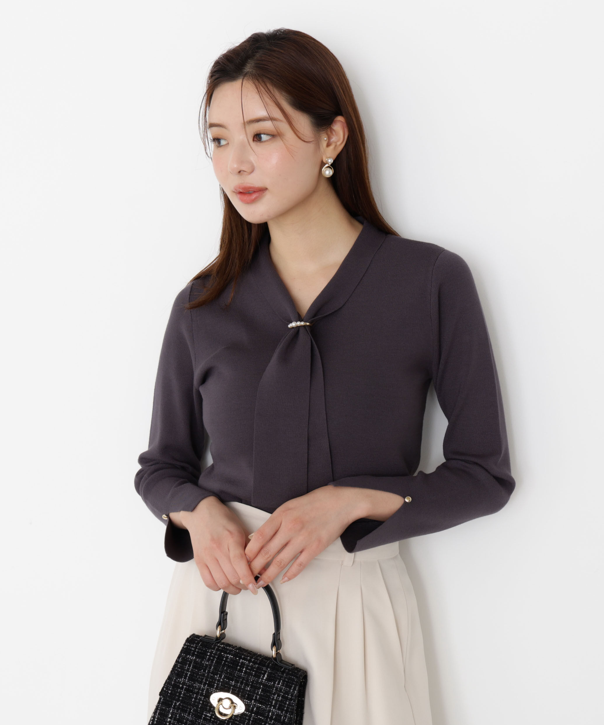 【プロポーションボディドレッシング/PROPORTION BODY DRESSING】 パールリングボウタイニット 25AW