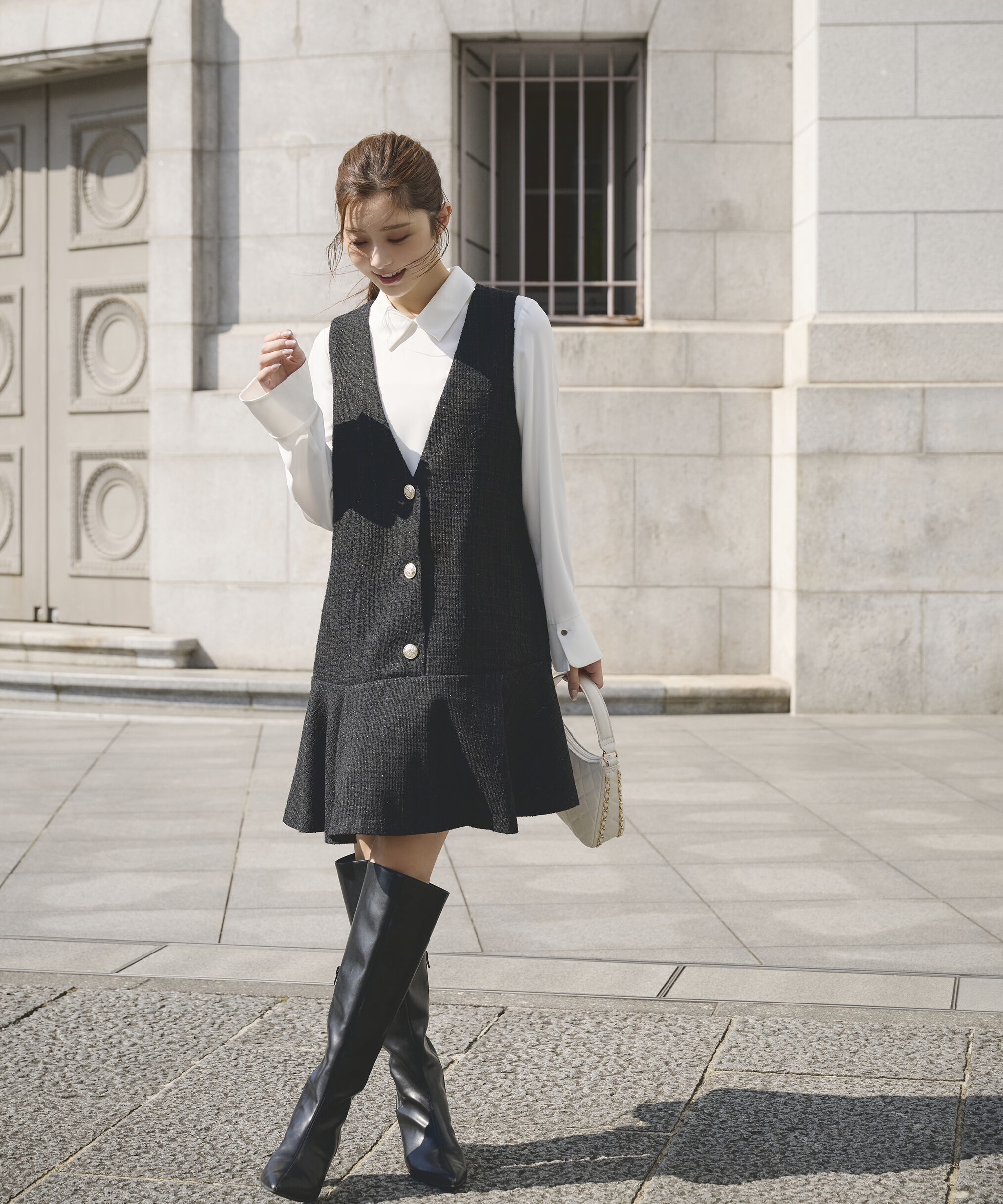 【プロポーションボディドレッシング/PROPORTION BODY DRESSING】 ラメ釦ツイードミニジャンスカ 25AW