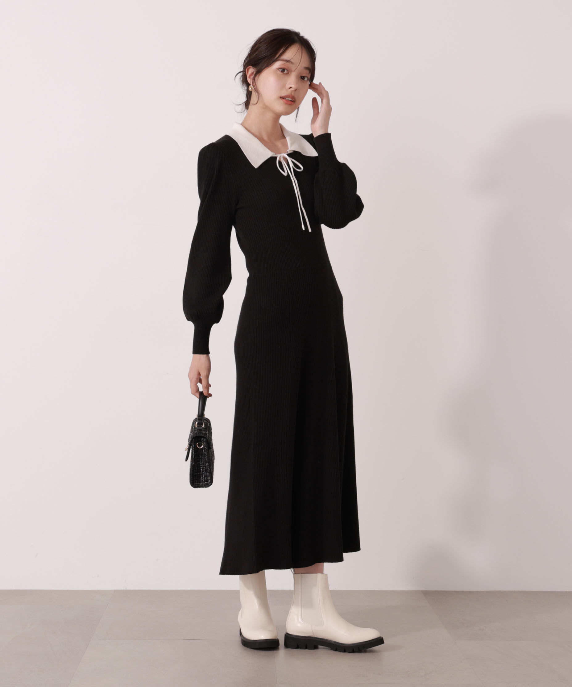 【プロポーションボディドレッシング/PROPORTION BODY DRESSING】 リボン衿付きニットワンピース