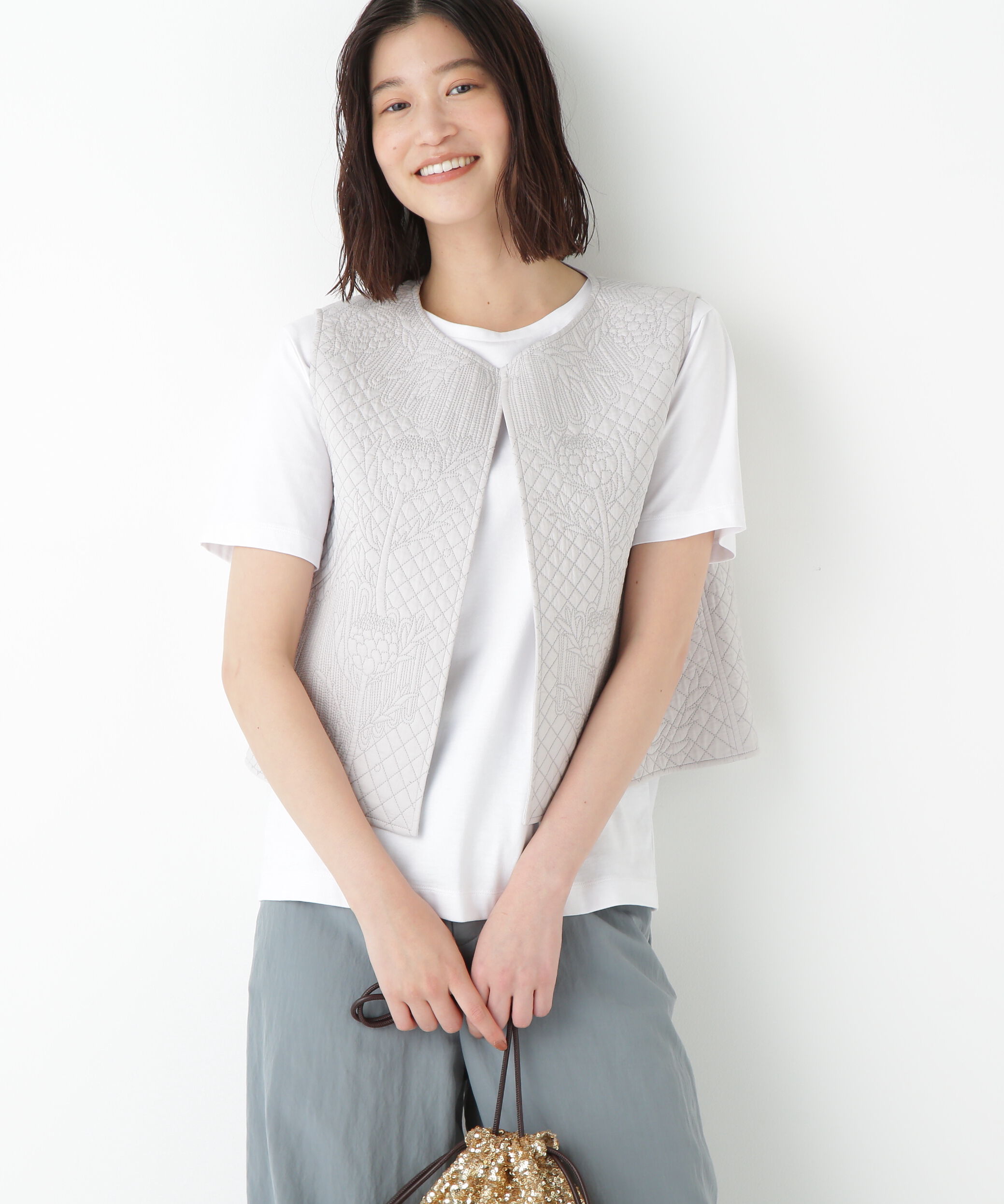 【ヒューマンウーマン/human woman】 ◆インドコットンボイルキルティングジレ