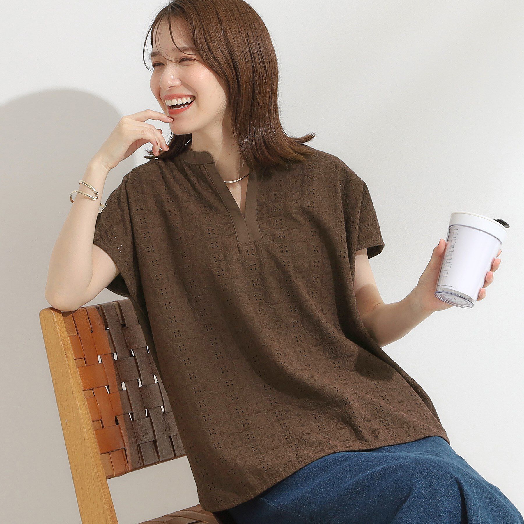 メンズファッションオススメ|【シューラルー/SHOO・LA・RUE】 【S-LL】抜け感とすっきり見えを叶える 刺繍レース スキッパー襟トップス