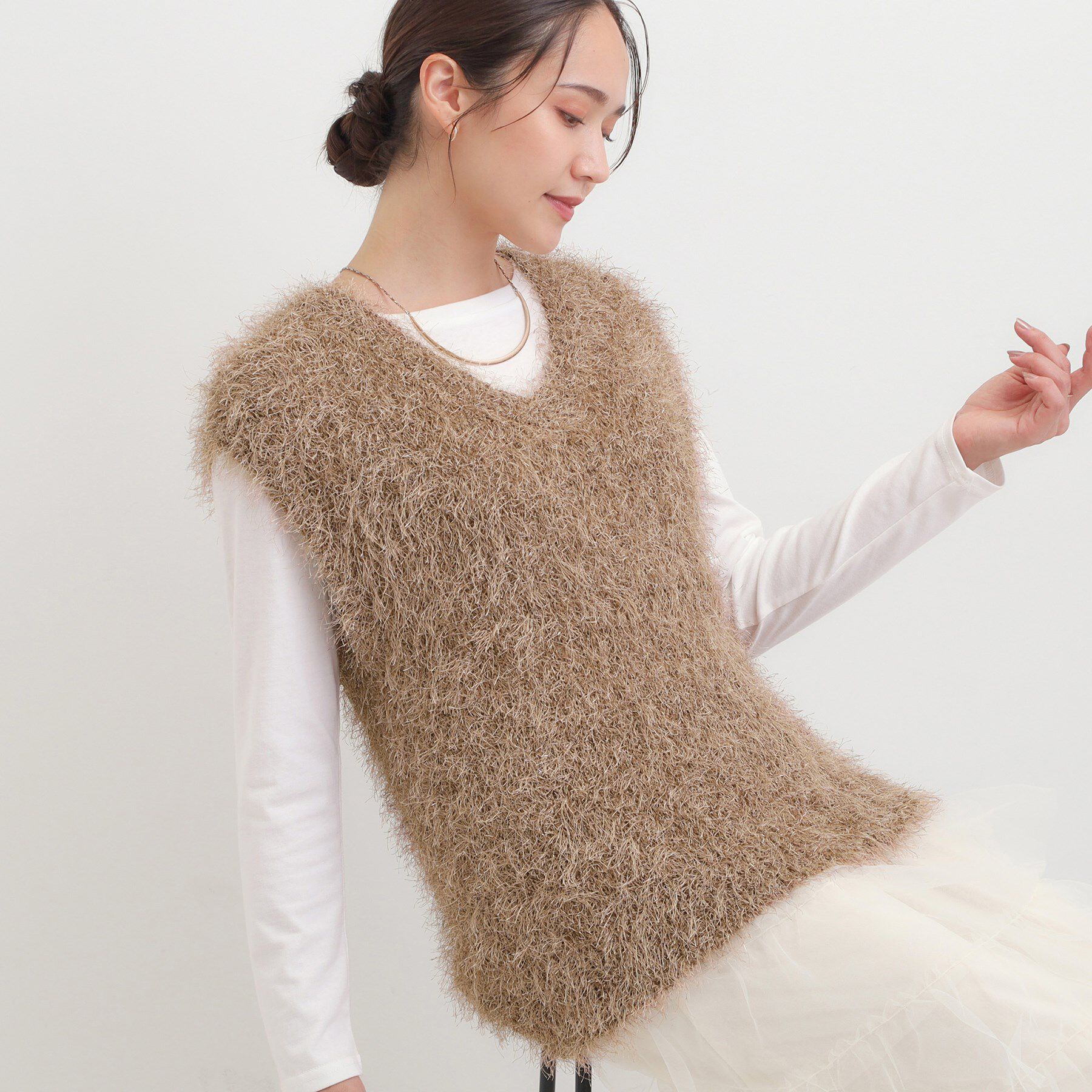 【シューラルー/SHOO・LA・RUE】 【2点セット/S-LL】大人のフェミニンカジュアルに ラメシャギーニットベスト+ロンT