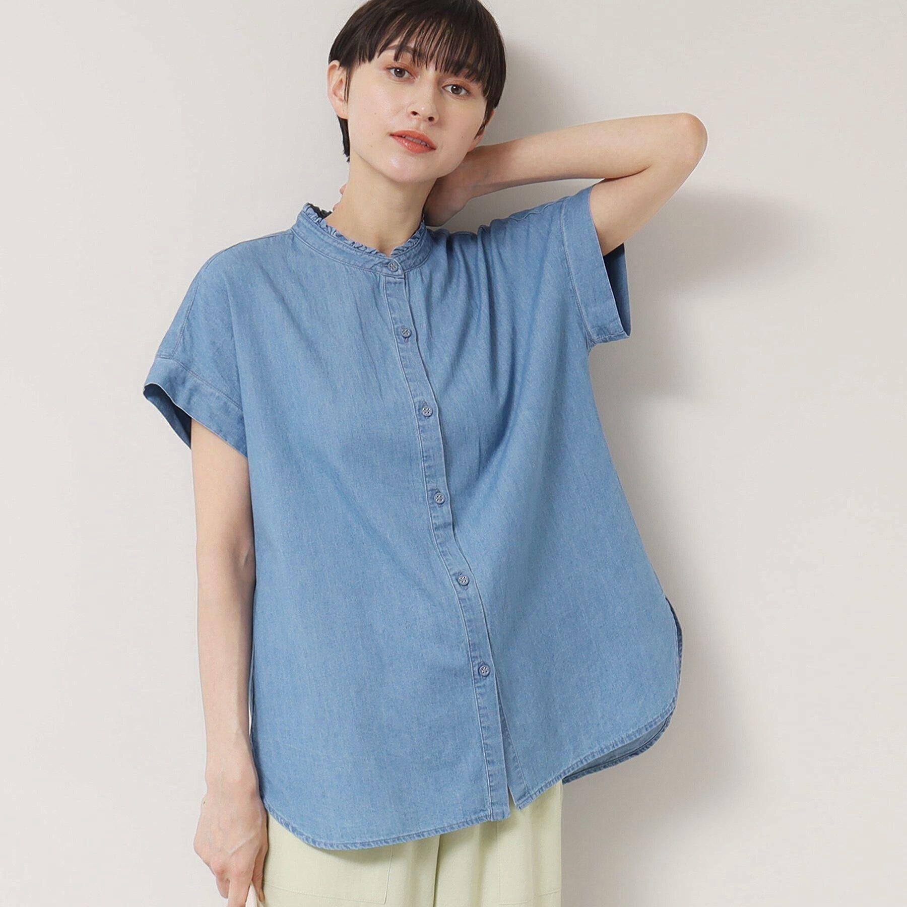 【デッサン/Dessin】 【洗える】リネンブレンドデニムフリルシャツ