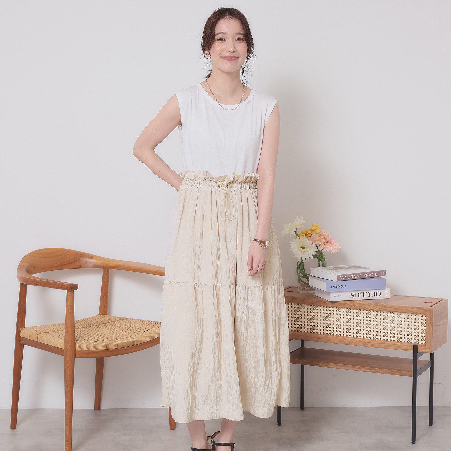 【イッツデモ/ITS'DEMO】 【ウエストゴム／洗濯機OK】異素材コンビワンピース