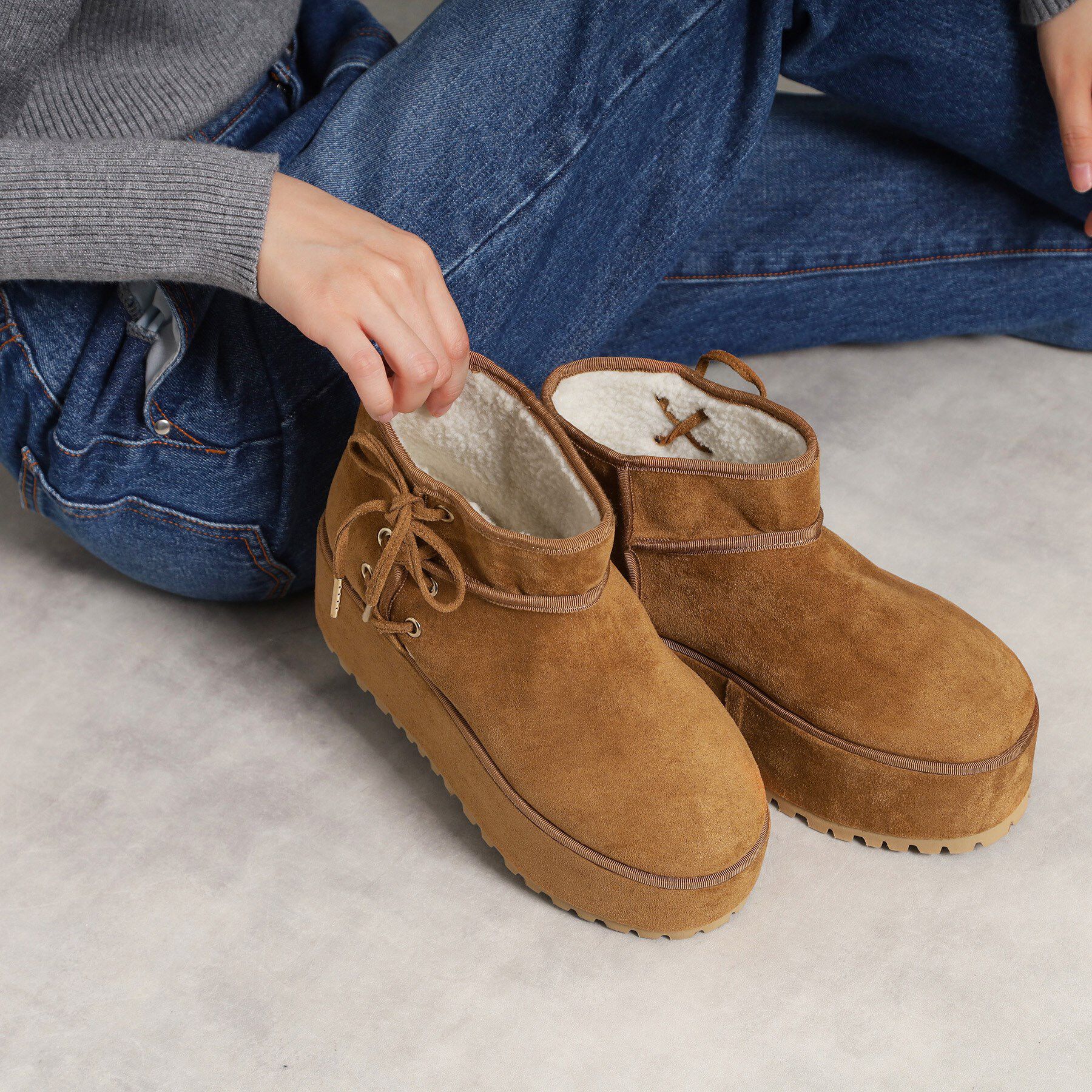 【エスペランサ/ESPERANZA】 【EC先行販売】厚底レースアップリボンフェイクムートンブーツ