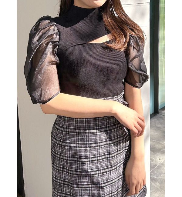 【マーキュリーデュオ/MERCURYDUO】 2WAY異素材パフスリーブカットアウトニット