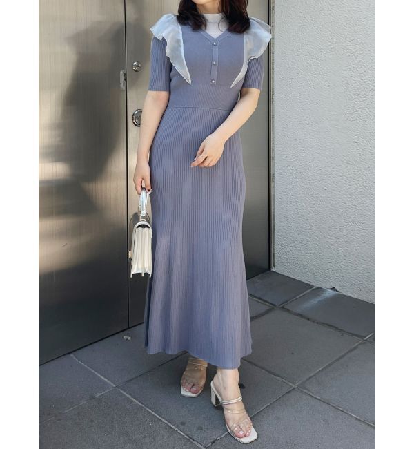 【マーキュリーデュオ/MERCURYDUO】 2WAYオーガンジードッキングラッフルニットワンピース