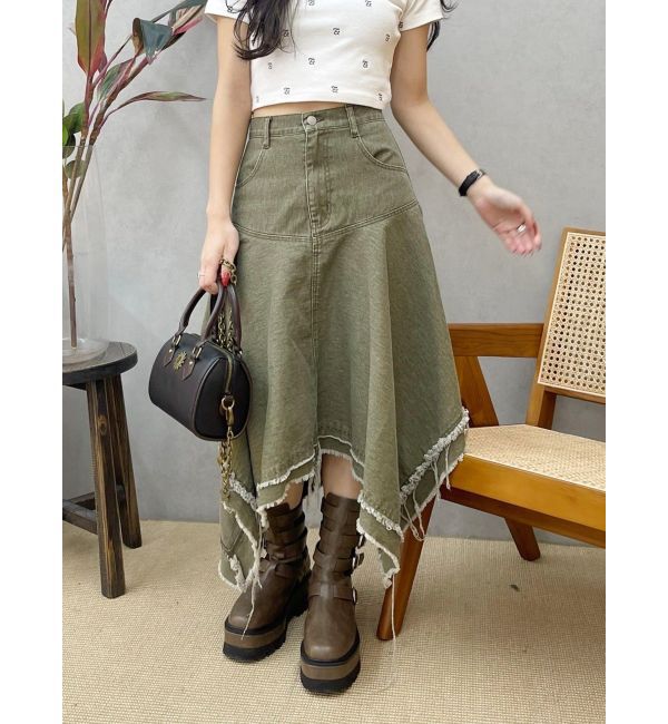 【エヴリス/EVRIS】 ランダムヘムミディーデニムスカート