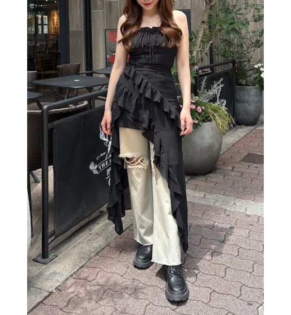 【エヴリス/EVRIS】 ギャザーアシンメトリーロングワンピース