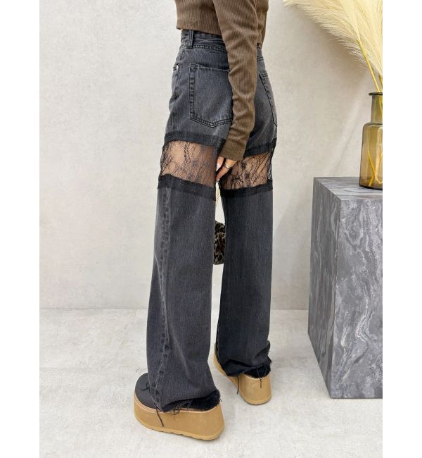 【エヴリス/EVRIS】 レースドッキングワイドデニムパンツ