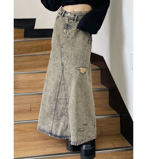 【ジェイダ/GYDA】 【みちょぱコラボ】MCP SIDERIPPED OVERLAPケミカルデニムロングスカート